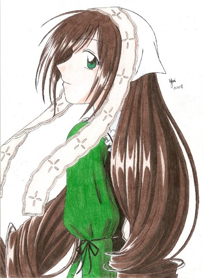 1girl apron artist_name bangs brown_hair closed_mouth dated dress eyebrows_visible_through_hair frills green_dress green_eyes head_scarf image long_hair long_sleeves looking_at_viewer marker_(medium) profile signature simple_background smile solo striped suiseiseki traditional_media very_long_hair white_apron white_background