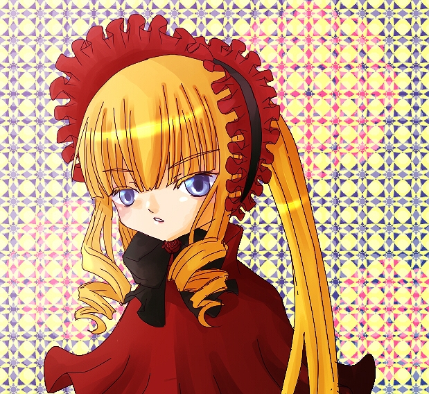 1girl blonde_hair blue_eyes bow drill_hair frills image long_hair long_sleeves looking_at_viewer shinku sidelocks solo twintails upper_body yellow_background