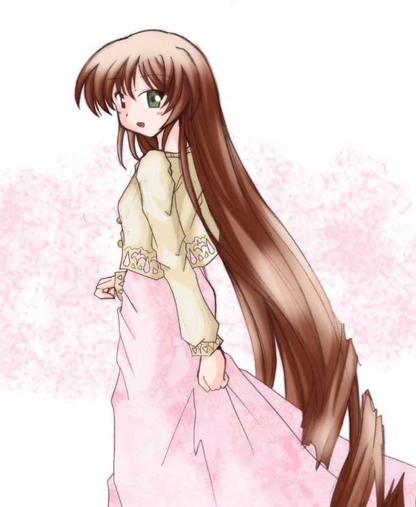 1girl :o brown_hair dress green_eyes image long_hair long_sleeves looking_at_viewer looking_back open_mouth solo standing suiseiseki very_long_hair