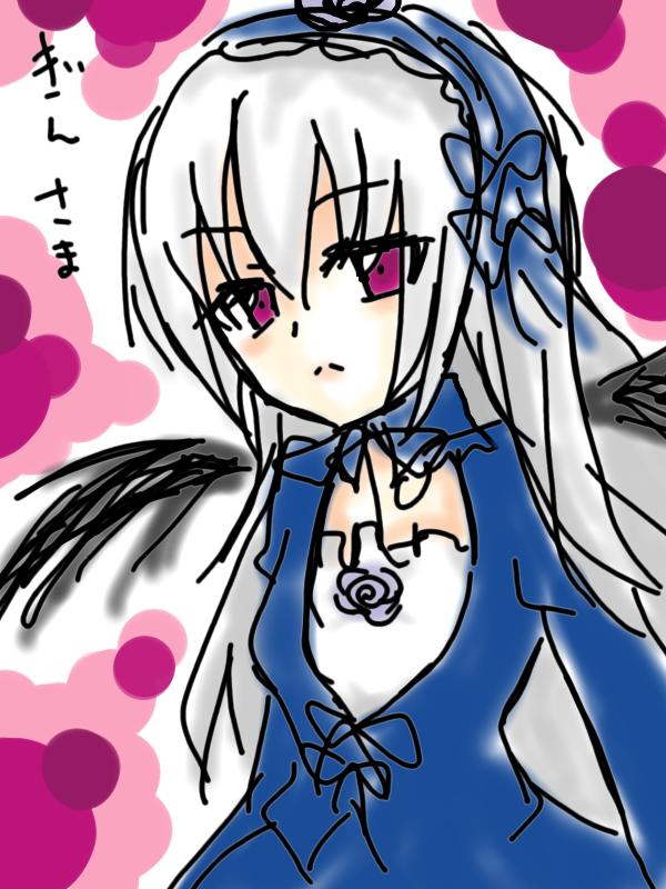 1girl bangs black_ribbon blue_dress detached_collar dress flower frills hairband image lolita_hairband long_hair long_sleeves looking_at_viewer purple_eyes ribbon rose solo suigintou upper_body wings