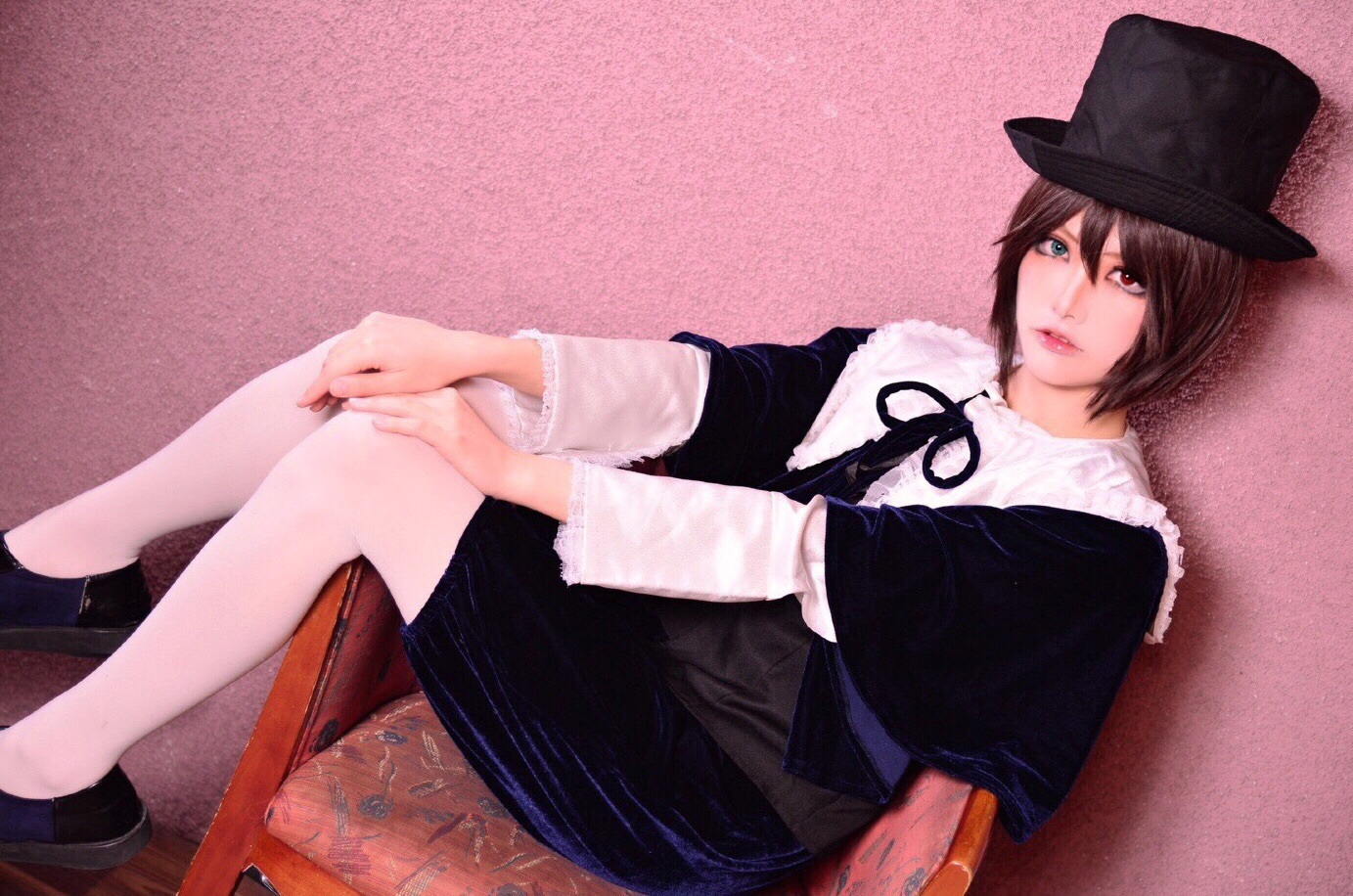 1girl brown_hair chair hat lips long_sleeves looking_at_viewer shoes short_hair sitting solo souseiseki