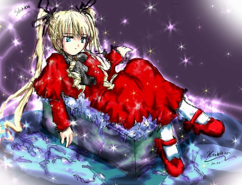 1girl blonde_hair blue_eyes bow capelet dress hair_ribbon image long_hair red_capelet ribbon shinku shoes signature solo sparkle twintails