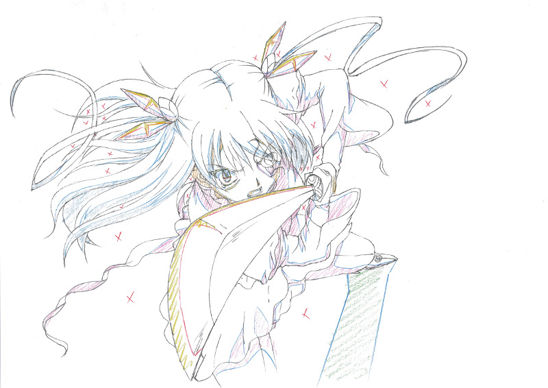 1girl barasuishou hair_ribbon image long_hair long_sleeves magical_girl monochrome open_mouth ribbon solo twintails weapon white_background