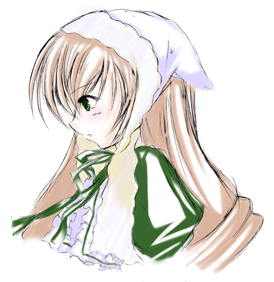 1girl blush dress green_dress green_eyes green_ribbon hat image long_hair long_sleeves ribbon simple_background solo suiseiseki upper_body white_background