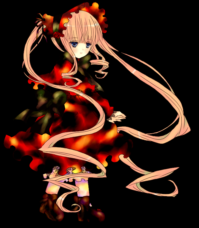 1girl blonde_hair blue_eyes bonnet boots bow dress flower full_body image long_hair long_sleeves looking_at_viewer red_dress rose shinku solo standing transparent_background twintails very_long_hair