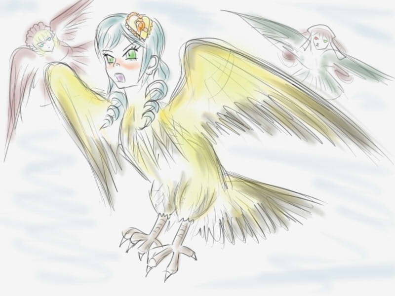 angel_wings blonde_hair blush feathered_wings feathers green_eyes harpy head_wings image long_hair monster_girl multiple tagme wings