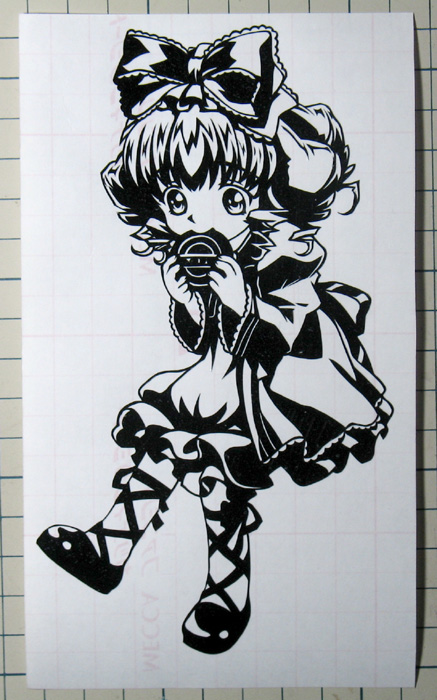 1girl blush bow dress eating greyscale hair_bow hinaichigo image long_sleeves looking_at_viewer monochrome ribbon short_hair sitting solo traditional_media