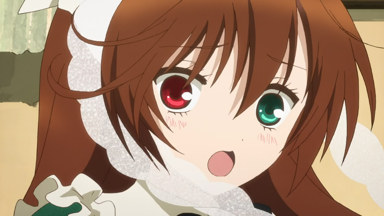 1girl :o auto_tagged blush breath brown_hair close-up face green_eyes image long_hair looking_at_viewer open_mouth red_eyes solo suiseiseki