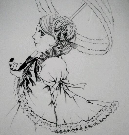 1girl dress drill_hair frills greyscale hair_ornament image kanaria long_sleeves monochrome parasol solo traditional_media twin_drills umbrella