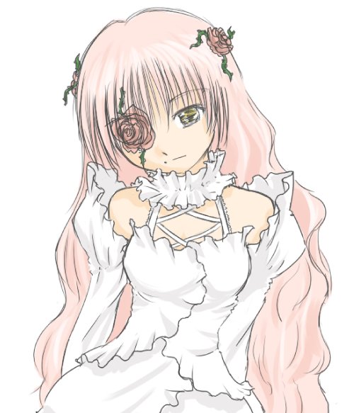 1girl dress eyepatch flower frills green_eyes image kirakishou long_hair long_sleeves looking_at_viewer pink_hair plant rose simple_background solo striped upper_body vertical_stripes very_long_hair vines white_background