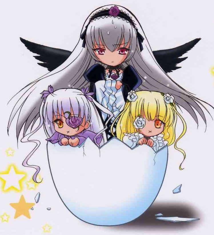 3girls black_wings blonde_hair blush dress eyepatch feathered_wings flower frills hairband lolita_hairband long_hair long_sleeves looking_at_viewer multiple_girls pout rose silver_hair star_(symbol) suigintou wings yellow_eyes