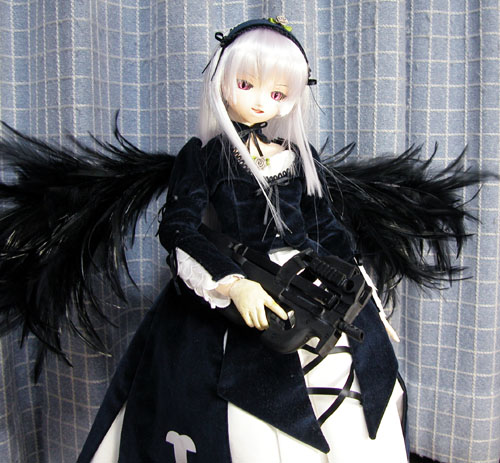 1girl black_dress black_wings bullpup doll dress frills gothic gothic_lolita gun hairband holding holding_weapon lolita_fashion long_hair long_sleeves looking_at_viewer lowres p90 pink_eyes ribbon rozen_maiden silver_hair solo submachine_gun suigintou very_long_hair weapon white_hair wings