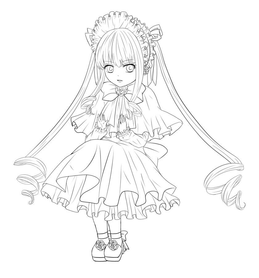 1girl capelet dress drill_hair full_body greyscale image lineart long_hair monochrome shinku sitting solo striped twin_drills twintails