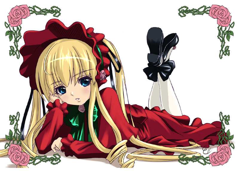 1girl blonde_hair blue_eyes bonnet bow bowtie commentary_request dress drill_hair flower full_body green_bow image legs_up long_hair long_sleeves looking_at_viewer lying on_stomach painttool_sai_(medium) pantyhose pink_flower pink_rose red_dress red_flower red_rose robi rose rozen_maiden shinku shoes sidelocks solo thorns twintails white_legwear white_rose