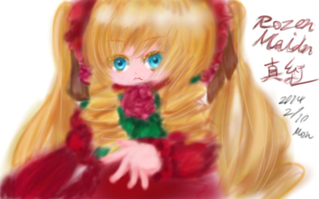 1girl blonde_hair blue_eyes dress image long_hair long_sleeves looking_at_viewer motion_blur red_dress rose shinku simple_background solo white_background