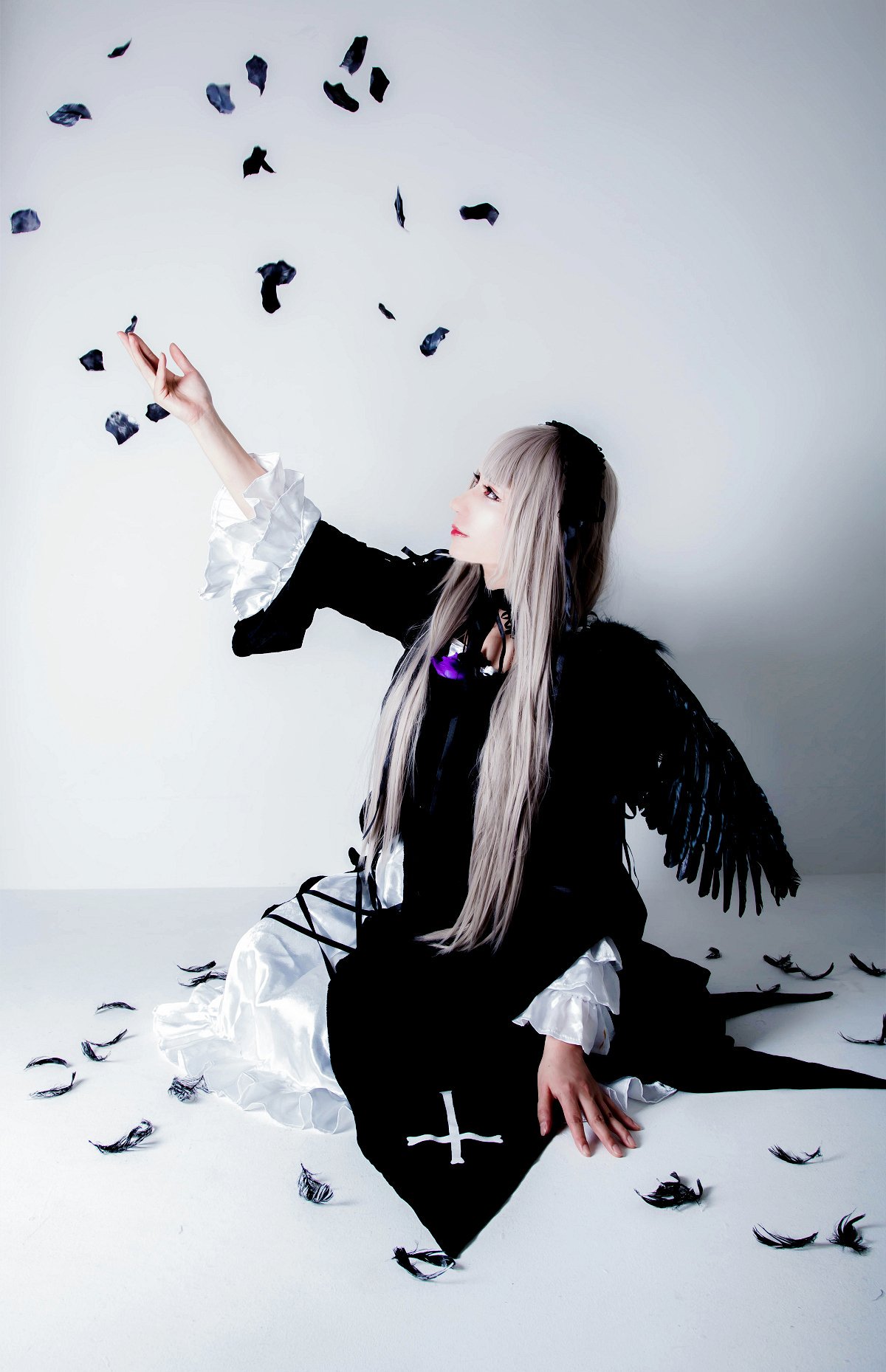 1girl bird black_dress black_feathers black_wings bug butterfly crow dress feathers insect long_hair long_sleeves nail_polish profile solo suigintou wings