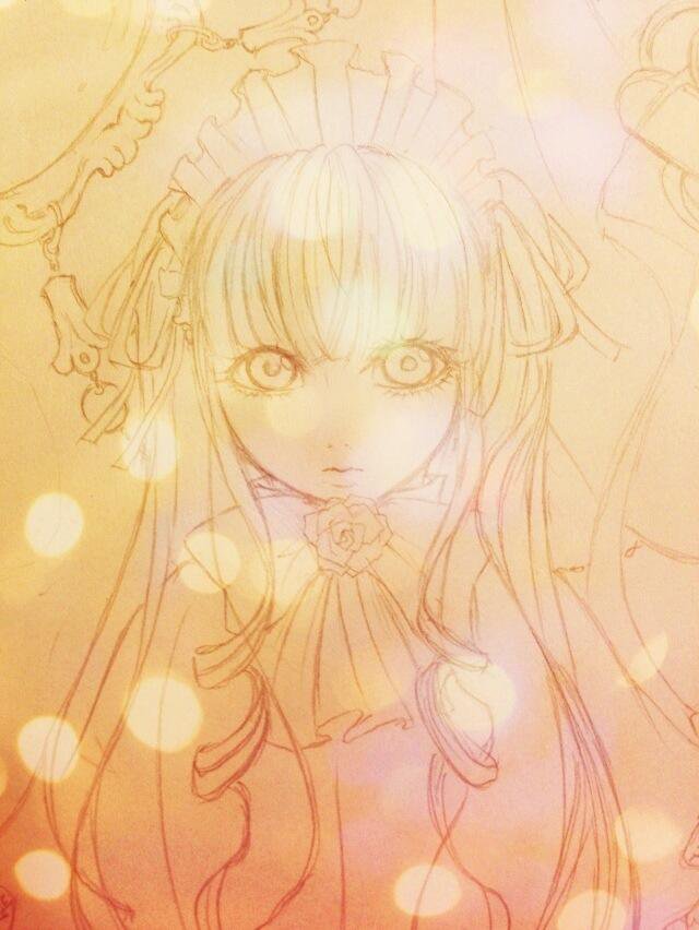 1girl bowtie dress flower frills image long_hair looking_at_viewer maid_headdress rose shinku solo traditional_media