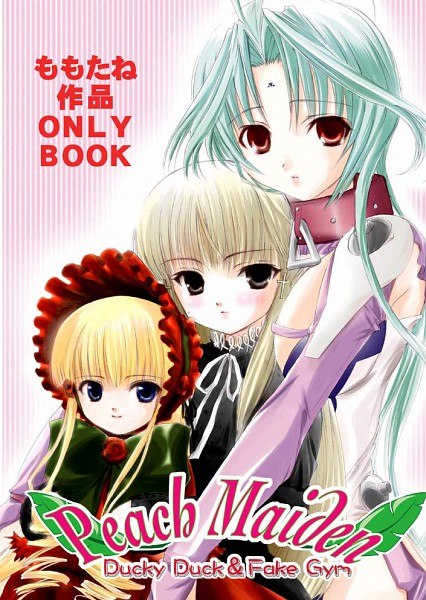 3girls artist_request blonde_hair blue_eyes blush bonnet copyright_name crossover dears dress expressionless green_hair image long_hair long_sleeves looking_at_viewer multiple_girls parody red_dress red_eyes ren_(dears) rose rozen_maiden shinku solo striped twintails