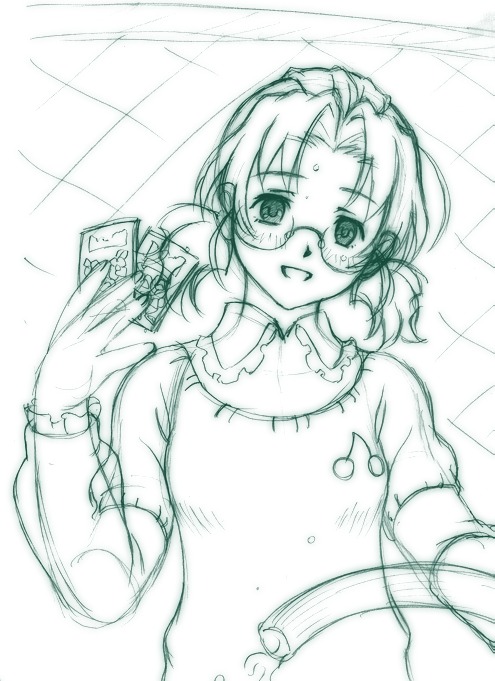1girl :d artist_request blush fence glasses green_theme human long_sleeves looking_at_viewer monochrome open_mouth rozen_maiden sakurada_nori sketch smile solo twintails upper_body