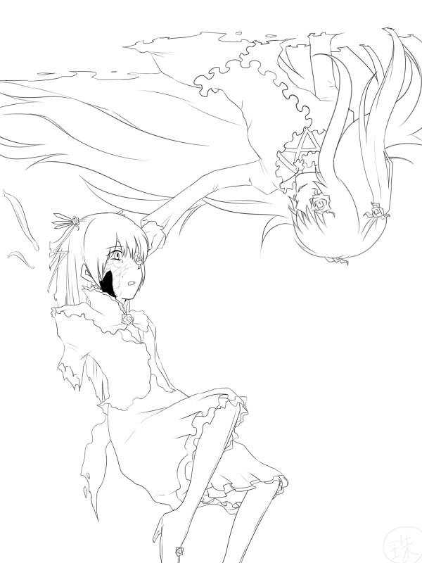 2girls barasuishou dress eye_contact greyscale image injury kirakishou long_hair monochrome multiple_girls pair simple_background striped torn_clothes torn_dress two_side_up ultimate_madoka