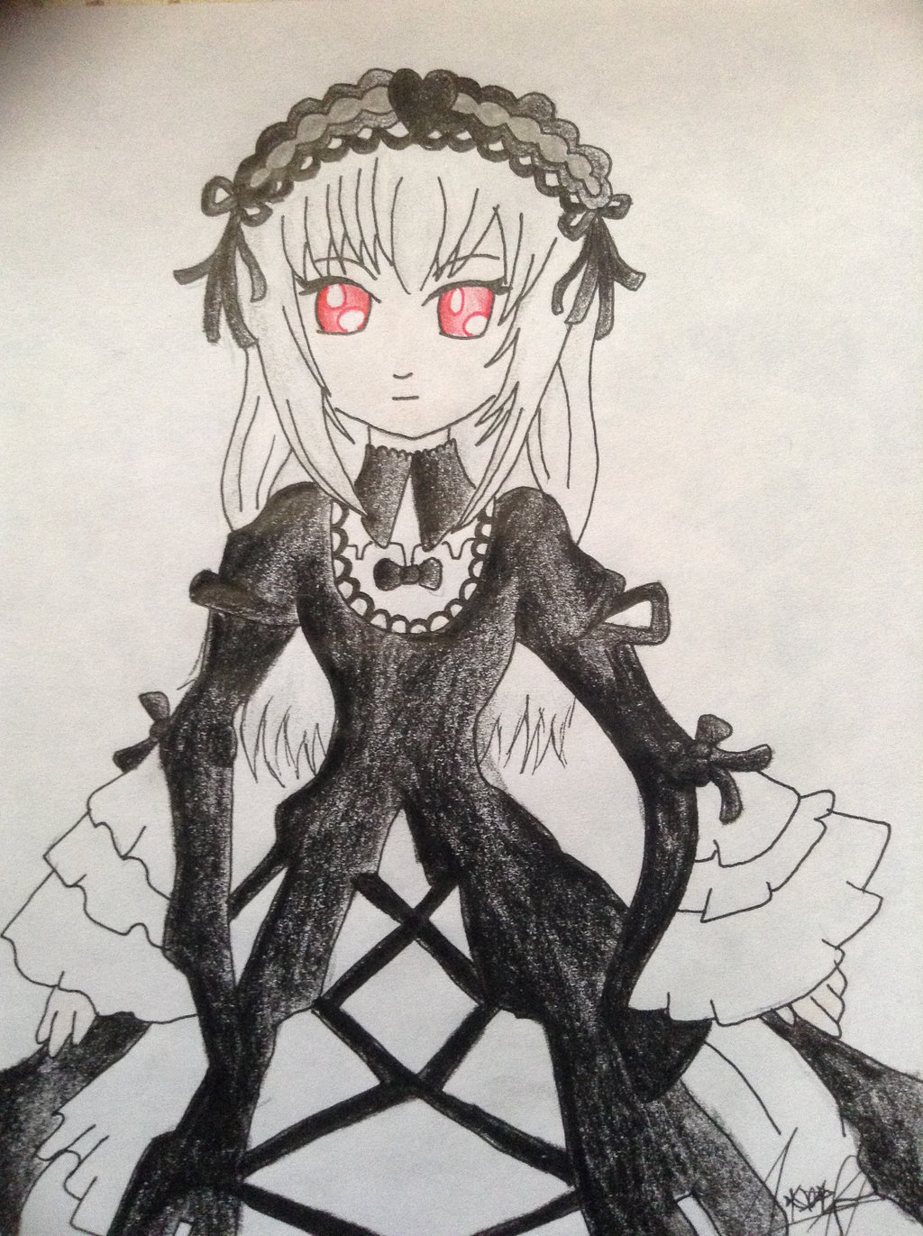 1girl bangs black_dress closed_mouth dress eyebrows_visible_through_hair flower frills hairband head_tilt image long_hair long_sleeves looking_at_viewer photo red_eyes rose signature solo suigintou traditional_media very_long_hair wings
