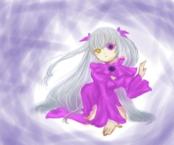 1girl barasuishou dress full_body heterochromia image long_hair long_sleeves looking_at_viewer purple_dress purple_theme rain silver_hair solo very_long_hair water yellow_eyes