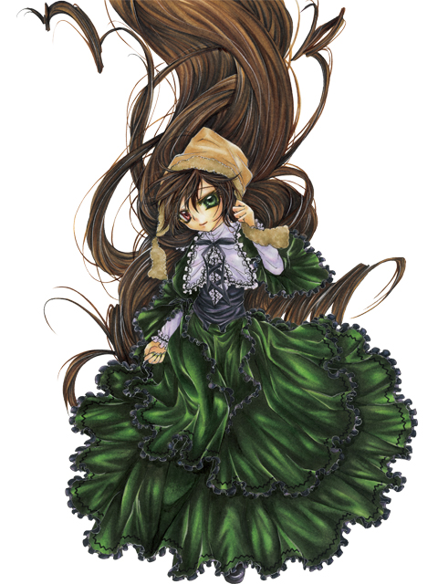1girl brown_hair dress frills full_body green_dress green_eyes heterochromia image long_hair long_sleeves looking_at_viewer red_eyes simple_background solo suiseiseki very_long_hair white_background