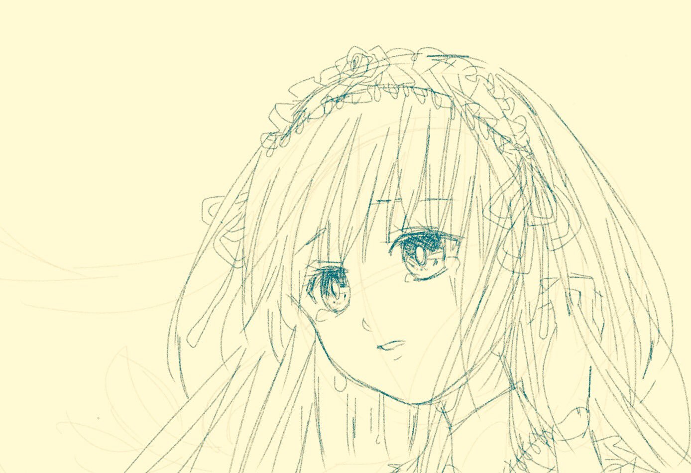1girl bangs choker crying crying_with_eyes_open eyebrows_visible_through_hair hair_ribbon image long_hair looking_at_viewer monochrome parted_lips ribbon simple_background solo suigintou tears