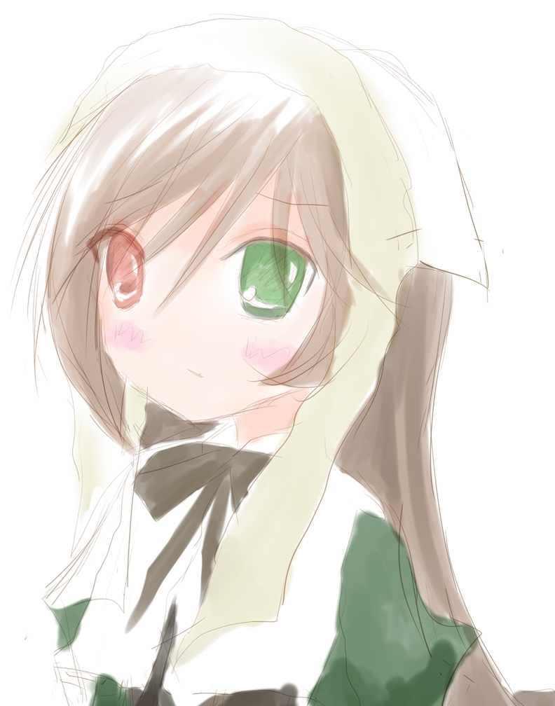 1girl blush green_eyes head_scarf heterochromia image long_hair solo striped suiseiseki upper_body vertical_stripes