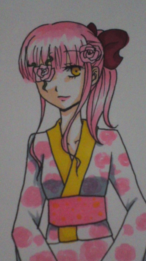 1girl flower hair_flower hair_ornament image japanese_clothes kimono kirakishou long_hair looking_at_viewer obi photo pink_hair rose sash solo traditional_media upper_body yellow_eyes