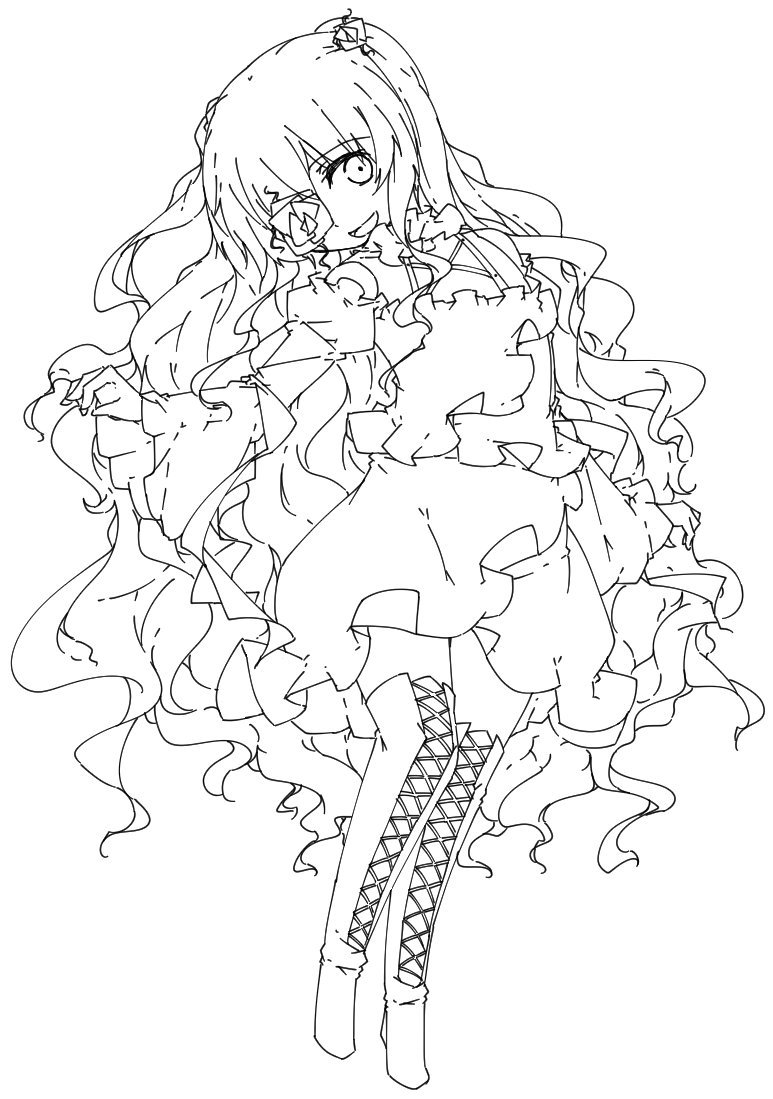 1girl boots cross-laced_footwear eyepatch full_body greyscale image kirakishou knee_boots lace-up_boots long_hair long_sleeves monochrome open_mouth skirt smile solo very_long_hair wavy_hair