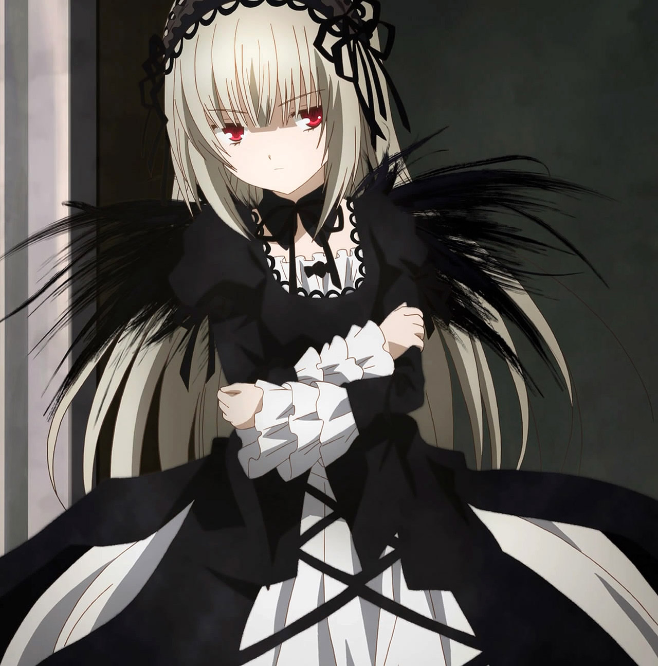 1girl black_dress black_wings closed_mouth detached_collar dress expressionless feathered_wings feathers frills hairband image long_hair long_sleeves looking_at_viewer red_eyes ribbon rose silver_hair solo suigintou very_long_hair wings