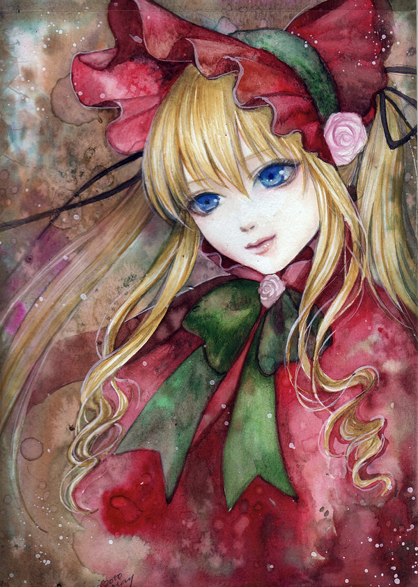 1girl auto_tagged blonde_hair blue_eyes bonnet bow bowtie flower green_bow green_neckwear image lips long_hair looking_at_viewer pink_flower pink_rose red_capelet red_rose rose shinku solo traditional_media upper_body