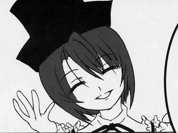 1girl ^_^ closed_eyes greyscale hat image monochrome short_hair smile solo souseiseki waving