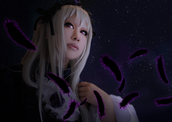 1girl angel angel_wings bird black_feathers black_wings crow dove feathered_wings feathers flower hairband long_hair night night_sky ribbon silver_hair sky solo space star_(sky) starry_sky suigintou white_feathers wings