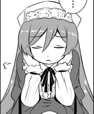 1girl black_border border chibi closed_eyes greyscale hat image jitome letterboxed long_hair long_sleeves monochrome ribbon solo suiseiseki