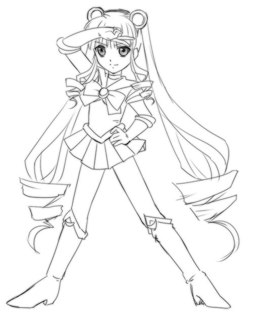1girl back_bow boots bow brooch choker double_bun drill_hair elbow_gloves full_body gloves greyscale hair_ornament hairpin jewelry knee_boots long_hair magical_girl monochrome sailor_collar sailor_moon sailor_senshi_uniform skirt solo tiara tsukino_usagi twin_drills twintails
