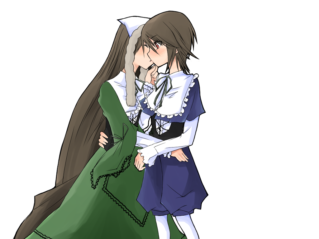 2girls apron blue_dress blush brown_hair closed_eyes couple dress green_dress hat image incest kiss long_hair long_sleeves multiple_girls pair pantyhose red_eyes short_hair souseiseki suiseiseki very_long_hair yuri