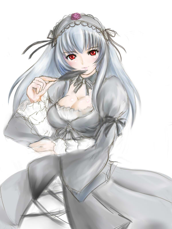 1girl blush breasts cleavage commentary_request detached_collar dress feathers flower frills ginjyasei hairband image large_breasts long_hair long_sleeves looking_at_viewer puffy_sleeves red_eyes rose rozen_maiden silver_hair simple_background smile solo suigintou white_background
