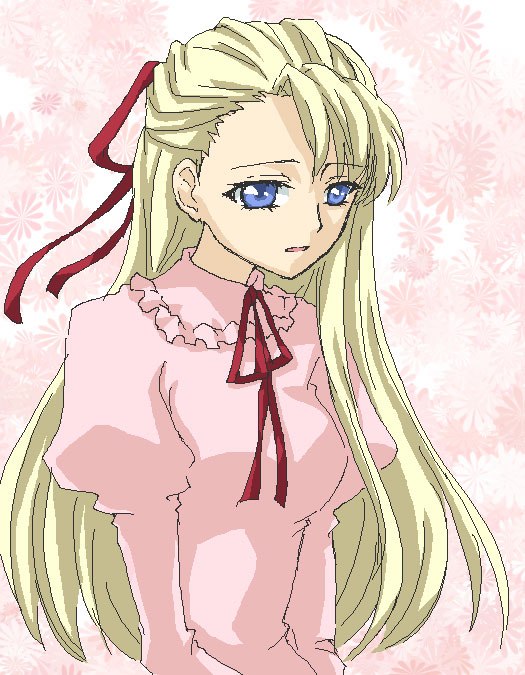 1girl blonde_hair blue_eyes image long_hair long_sleeves looking_at_viewer pink_dress pink_shirt red_ribbon ribbon shinku solo upper_body
