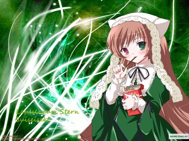 1girl blush brown_hair dress eating food green_dress green_eyes hat head_scarf heterochromia holding image long_hair long_sleeves looking_at_viewer pocky red_eyes ribbon solo suiseiseki very_long_hair