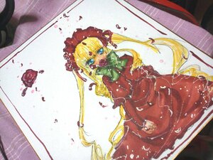 Rating: Safe Score: 0 Tags: 1girl ? beamed_eighth_notes blonde_hair blue_eyes bonnet bow dress eighth_note image long_hair long_sleeves musical_note red_dress rose shinku solo twintails very_long_hair User: admin