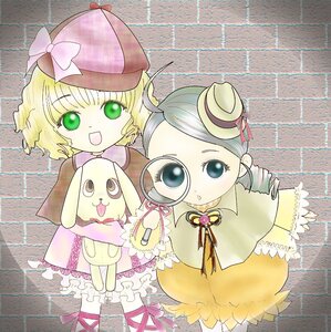 Rating: Safe Score: 0 Tags: ahoge blonde_hair bow dress drill_hair frills green_eyes hat hina_ichigo hinaichigo image kanaria multiple_girls pair pink_bow ribbon short_hair silver_hair smile User: admin