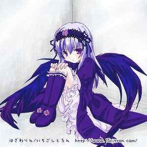 Rating: Safe Score: 0 Tags: 1girl black_wings blush boots dress flower frills full_body hairband image knees_up lolita_hairband long_hair long_sleeves looking_at_viewer sitting solo suigintou wings User: admin