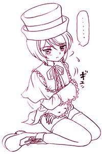 Rating: Safe Score: 0 Tags: ... 1girl blush boots capelet frills hat image monochrome otoko_no_ko short_hair side-tie_panties sitting solo souseiseki spoken_ellipsis thighhighs underwear wariza User: admin