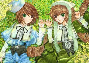 Rating: Safe Score: 0 Tags: 2girls black_ribbon blush brown_hair dress flower frills green_dress green_eyes hat heterochromia holding_hands image long_hair long_sleeves looking_at_viewer lying multiple_girls on_back pair red_eyes ribbon short_hair siblings sisters souseiseki suiseiseki traditional_media twins watercolor_(medium) User: admin