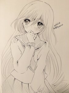 Rating: Safe Score: 0 Tags: 1girl bangs blush dated eyebrows_visible_through_hair image long_hair long_sleeves looking_at_viewer monochrome school_uniform serafuku skirt solo suiseiseki tears traditional_media very_long_hair User: admin