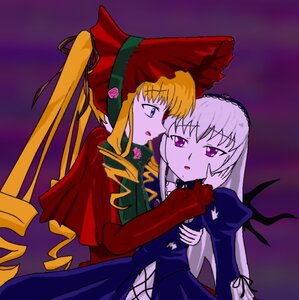 Rating: Safe Score: 0 Tags: 2girls blonde_hair blue_eyes dress flower hand_on_another's_face image long_hair long_sleeves multiple_girls pair purple_background rose shinku suigintou yuri User: admin
