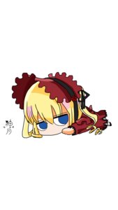Rating: Safe Score: 0 Tags: 1girl blonde_hair blue_eyes chibi dress frills image lying on_stomach red_dress ribbon shinku solo white_background User: admin