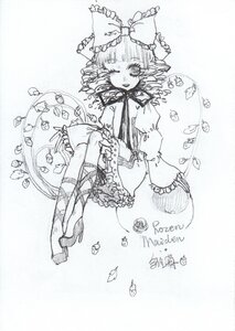 Rating: Safe Score: 0 Tags: 1girl auto_tagged bow dress frills fruit hair_bow hakurei_reimu high_heels hinaichigo image long_sleeves monochrome solo traditional_media User: admin